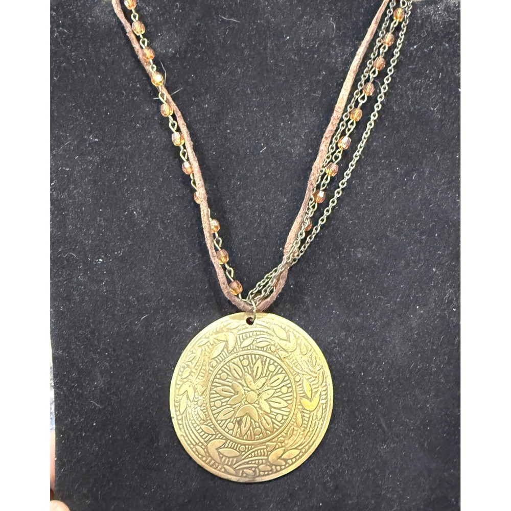 Boho Brass Medallion Layered Necklace Amber Beads Faux Suede Cord 19in